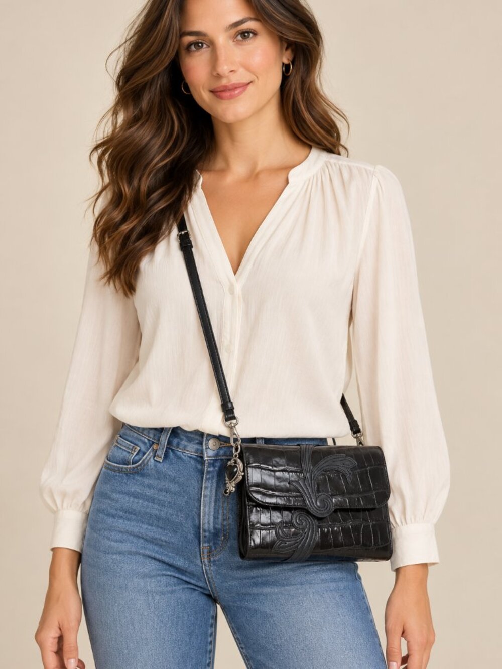 Brighton Black Croc Embossed Leather Organizer Crossbody Bag Heart Charm
